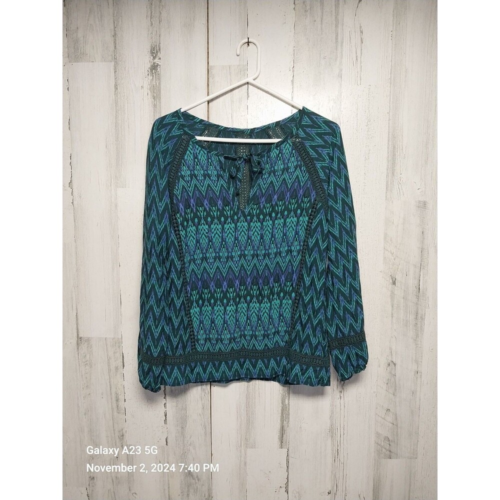 Prana Tacana XS Peasant Boho Print Teal Blue Crochet Tie Front Blouse Top
